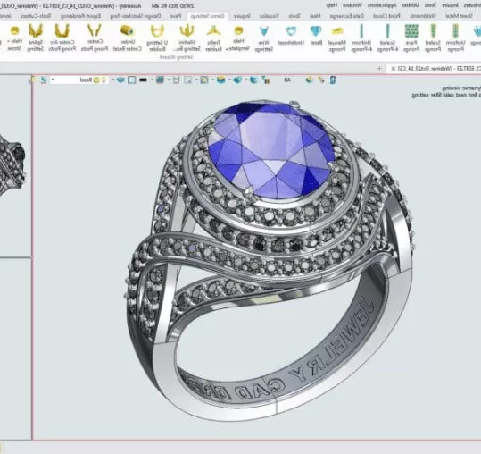 A CAD rendering of a ring with a blue gemstone surrounded by diamonds in a detailed, swirling pattern, highlighting design precision.