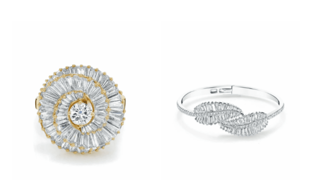 A stunning gold ring with a circular design of baguette diamonds and a central round diamond. Right: An elegant bracelet with diamond leaves.