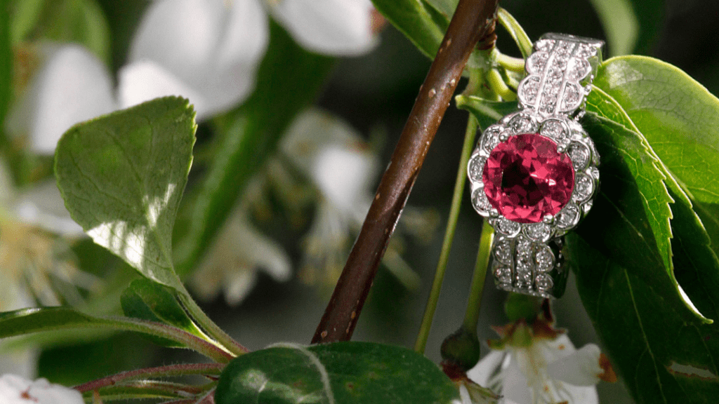 A stunning silver ring with an intricate diamond-studded band and a vibrant red center stone, beautifully contrasted against lush green leaves.