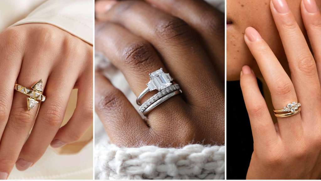 Three images of elegant engagement rings on hands: a gold geometric ring with triangle diamonds, a classic emerald-cut diamond with a wedding band, and a gold ring with clustered diamonds.