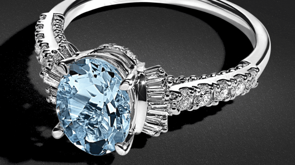 A stunning engagement ring featuring a large, radiant blue gemstone surrounded by intricate diamond accents set in a sleek platinum band.