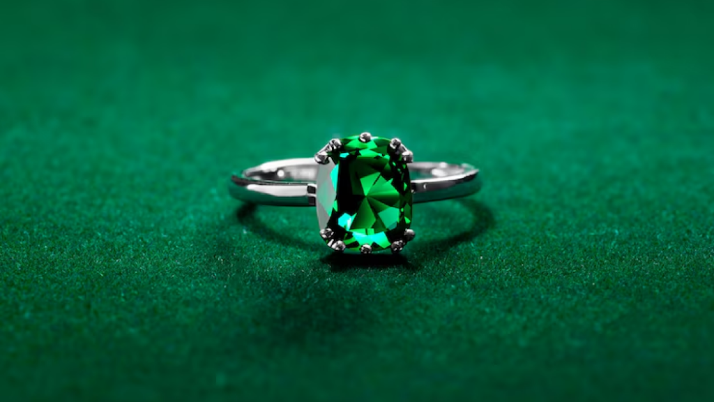 A striking green gemstone set in a sleek silver ring, featuring a rectangular cut and a secure prong setting, displayed on a vibrant green background.