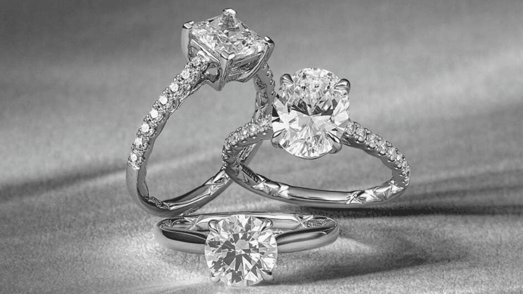 Three stunning diamond engagement rings, each with intricate detailing and sparkling stones, displayed elegantly on a soft grey surface.