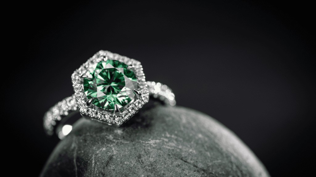 A stunning green gemstone engagement ring with a hexagonal diamond halo, elegantly set on a polished stone, showcasing intricate craftsmanship.