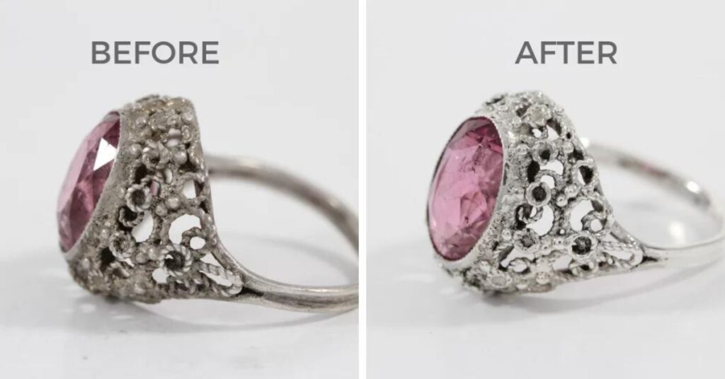 A silver ring with a pink gem, before and after a professional cleaning. The intricate details of the band are highlighted, showcasing a sparkling result. 