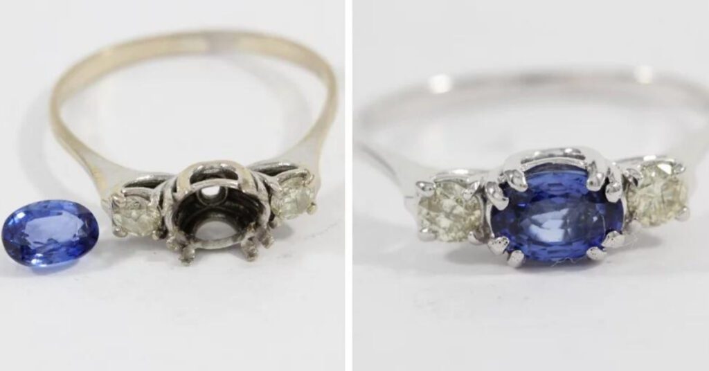 Two side-by-side images of a ring: on the left, the ring is empty with a loose blue gemstone beside it; on the right, the ring is set with the blue gemstone and two smaller diamonds.