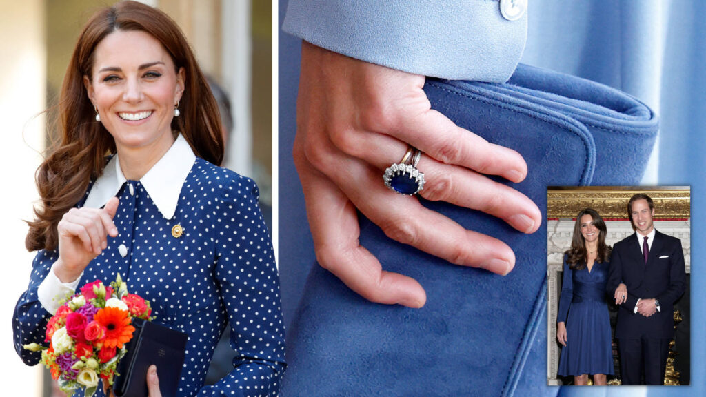 A smiling woman in a polka dot dress holding a bouquet, her hand showcasing a sapphire engagement ring. Small inset shows the couple together.