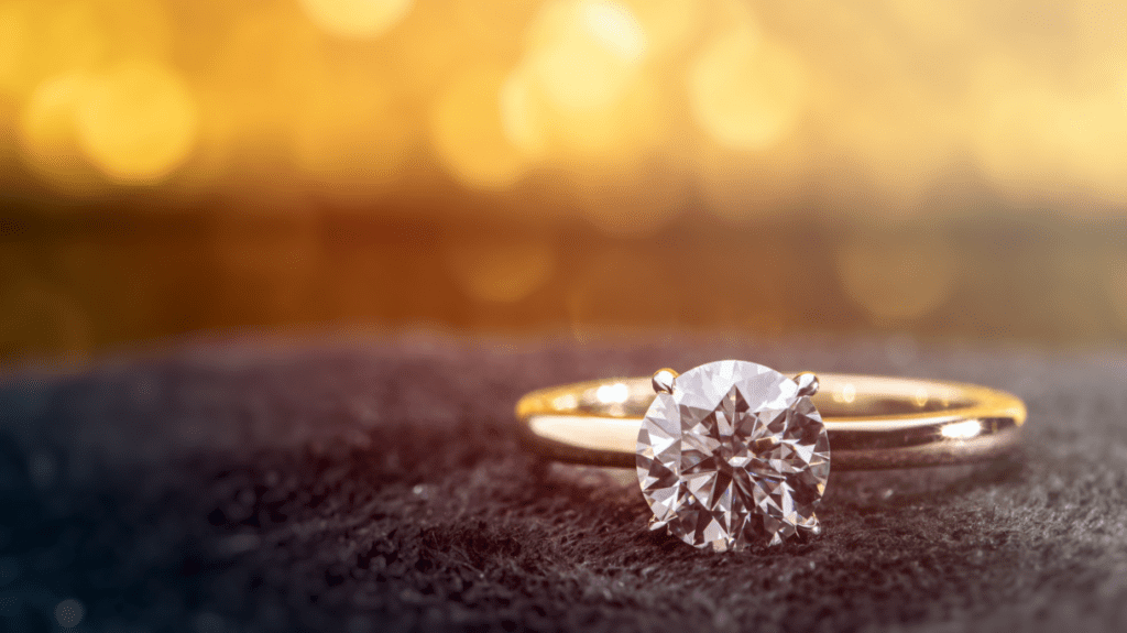 A stunning diamond ring with a brilliant cut diamond, placed on a textured surface, glowing against a background of warm, golden bokeh lights.