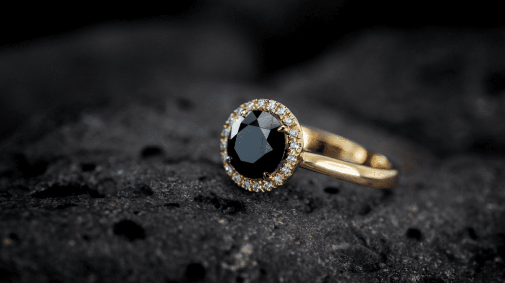 Black diamond ring with halo of white diamonds, resting on a dark, textured surface.