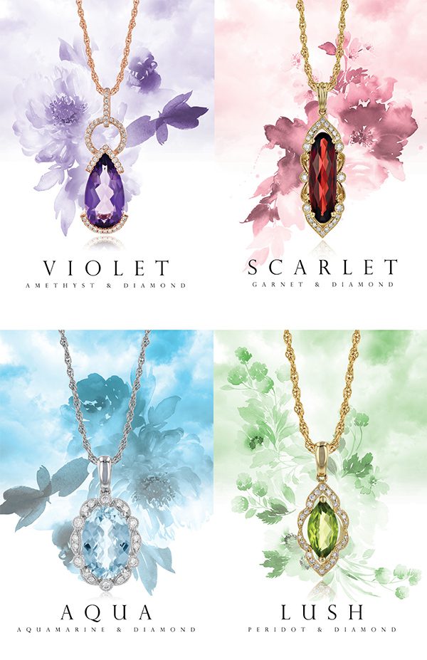 Four gemstone necklaces, each paired with themed floral backgrounds: violet amethyst, scarlet garnet, aqua aquamarine, and lush peridot.