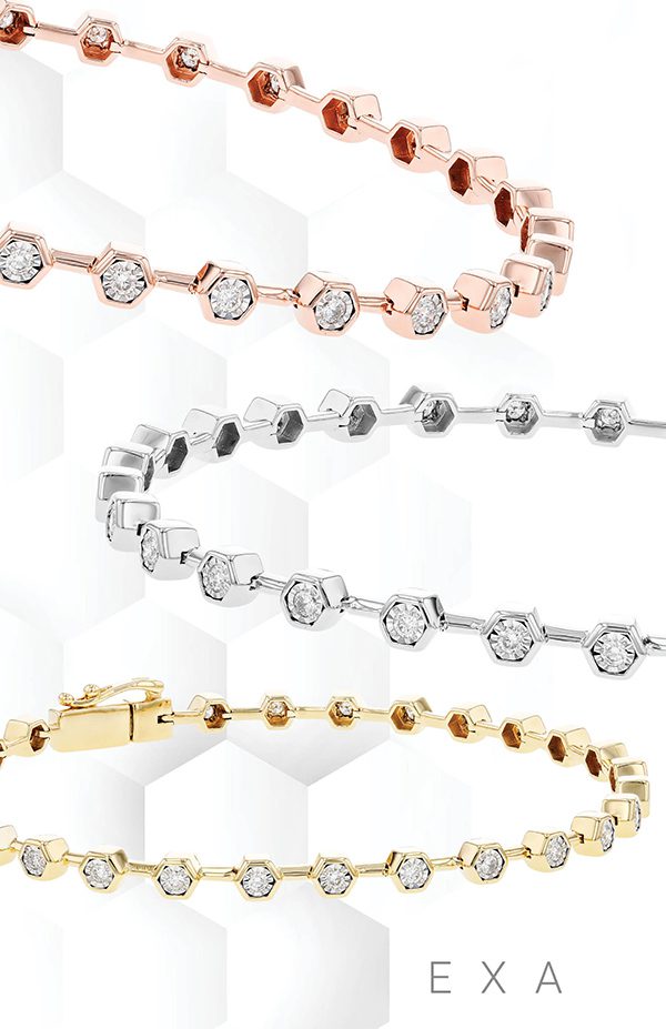 Three diamond bracelets in rose gold, silver, and yellow gold, each with a hexagonal chain and sparkling gemstones.