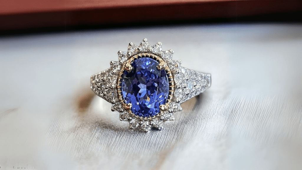 Exquisite engagement ring featuring a vibrant blue tanzanite surrounded by sparkling diamonds.