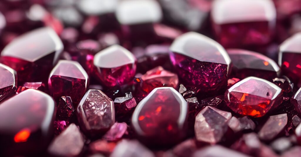 Close-up of vibrant red rubies in various shapes and sizes, showcasing their rich color, sharp facets, and reflective surfaces in a stunning display.