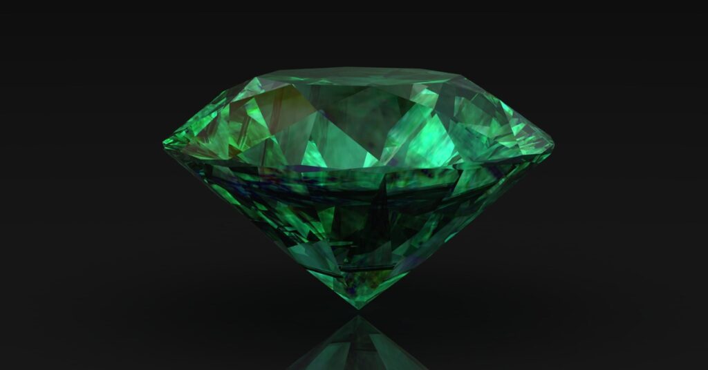 A brilliant green gemstone with intricate facets reflecting vibrant shades of emerald, positioned on a dark surface with a sharp contrast.