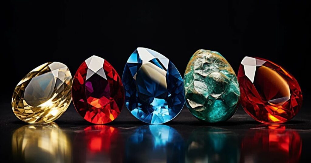 Vibrant gemstones showcasing a variety of colors and cuts, including citrine, ruby, sapphire, turquoise, and garnet.