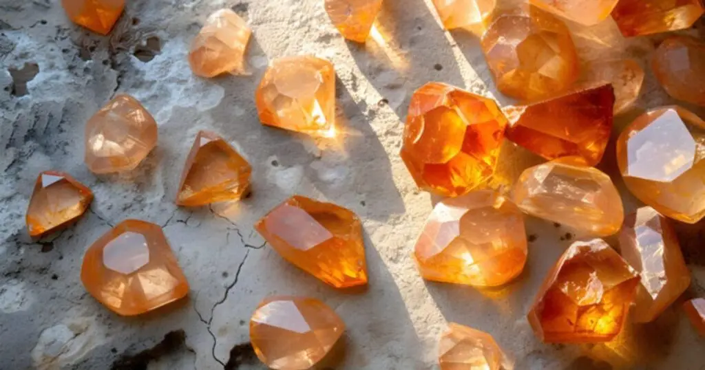 Multiple citrine crystals scattered on a rough surface.