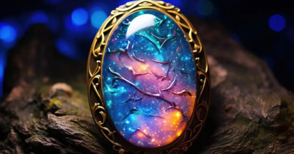 An opal set in a gold pendant, surrounded by a dark background.