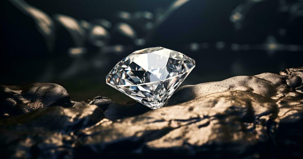 A sparkling diamond resting on a dark, textured surface.