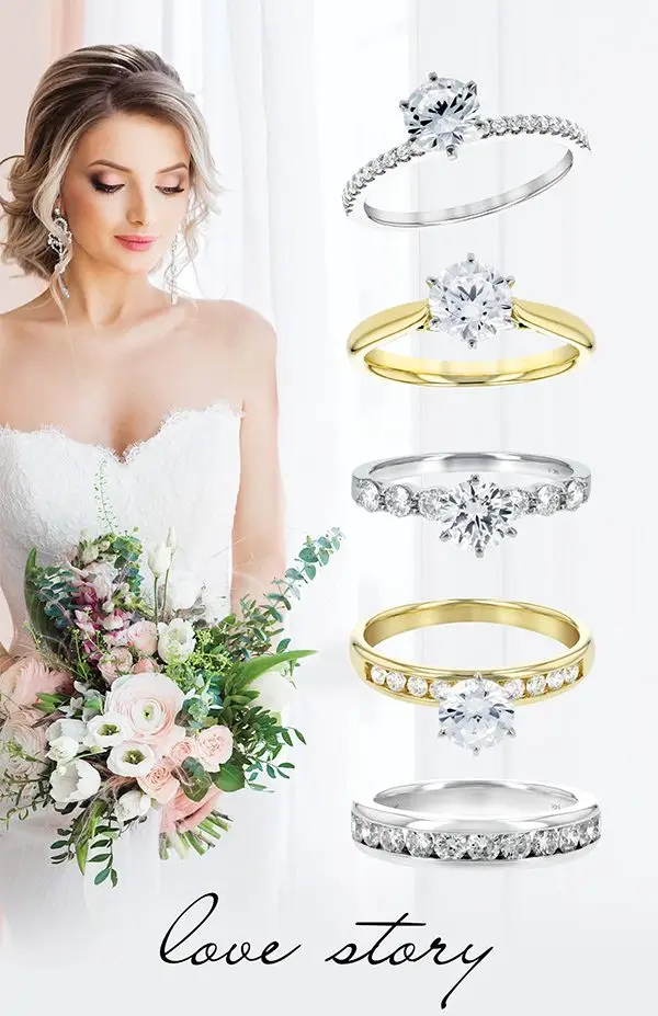 A bride in a lace strapless gown holding a bouquet stands beside a display of six solitaire and diamond band engagement rings, captioned "Love Story.