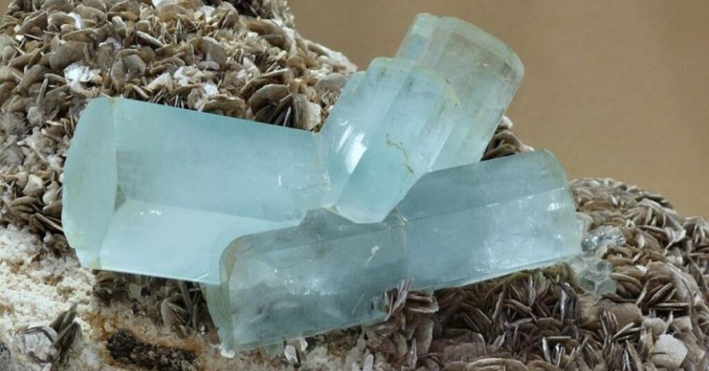 Multiple blue aquamarine crystals embedded in a rock matrix.