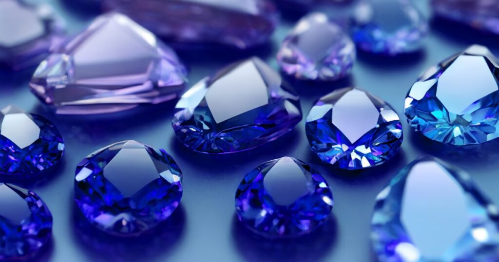 A collection of blue sapphire gemstones in various shapes and sizes.