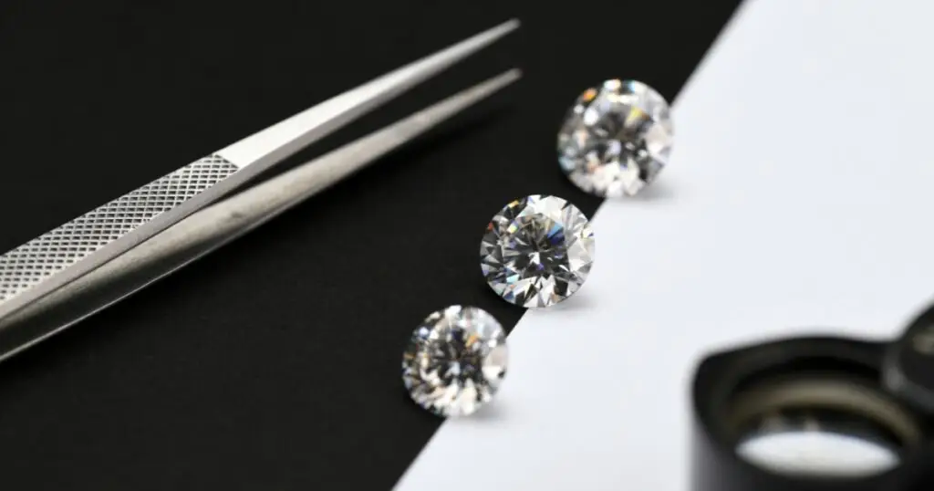 Three round diamonds of varying sizes, arranged in a line on a black and white background. A pair of tweezers and a magnifying glass are also visible.