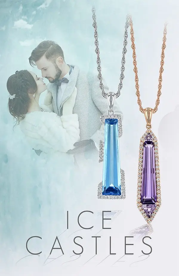 Romantic couple in a snowy scene with two elegant pendant necklaces in blue and purple gemstones, framed by sparkling ice-inspired designs.