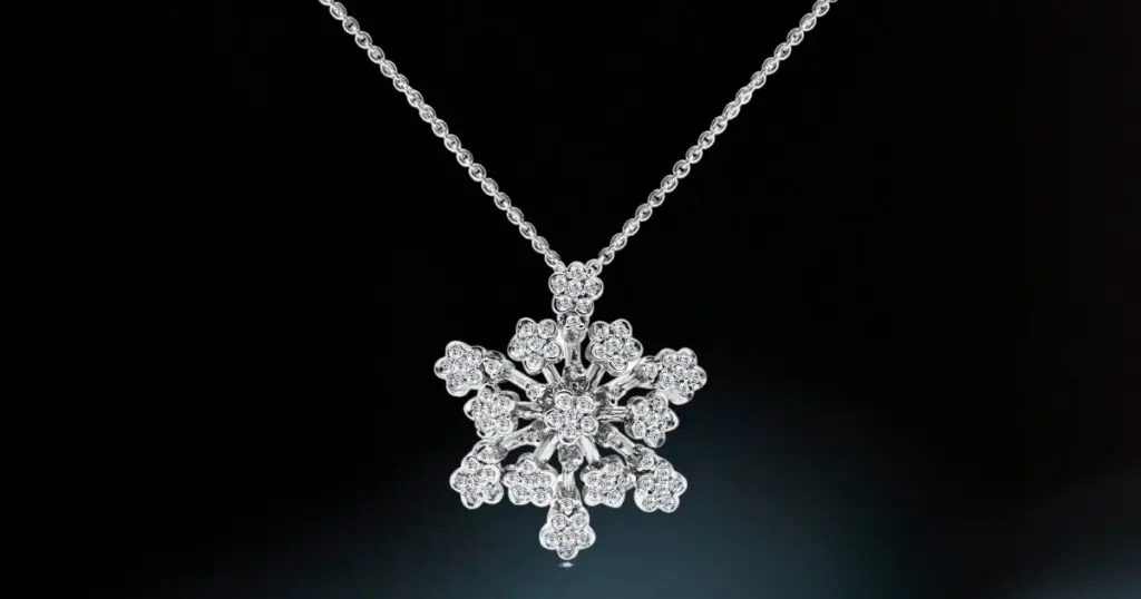 Intricately designed snowflake pendant adorned with sparkling diamonds, hanging from a delicate silver chain against a dark, elegant backdrop