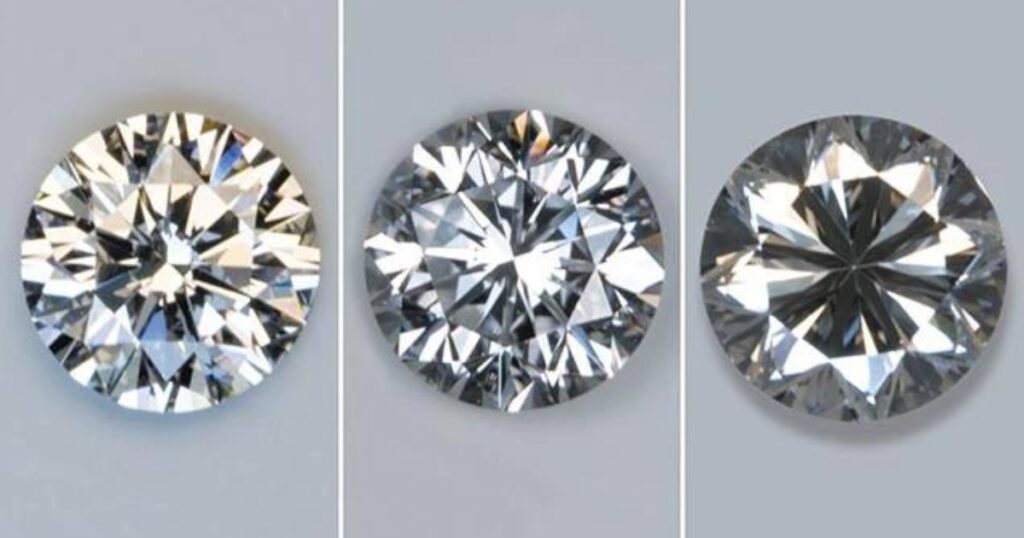 Three round brilliant-cut diamonds displayed side by side, each showcasing their unique sparkle, reflecting light in distinct patterns on a gray background.