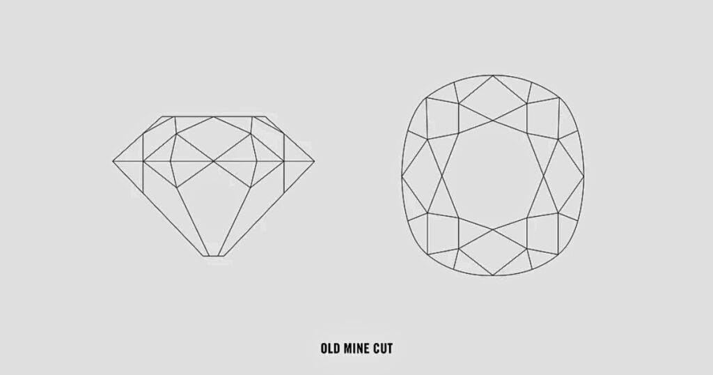 Diagram of an Old Mine Cut diamond, showcasing its distinctive, slightly asymmetrical facets and rounded square shape from side and top views.