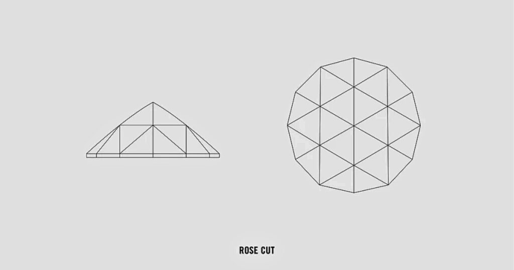 Rose Cut diamond diagram showing its unique flat base and dome-shaped top with triangular facets, offering a softer, antique look.