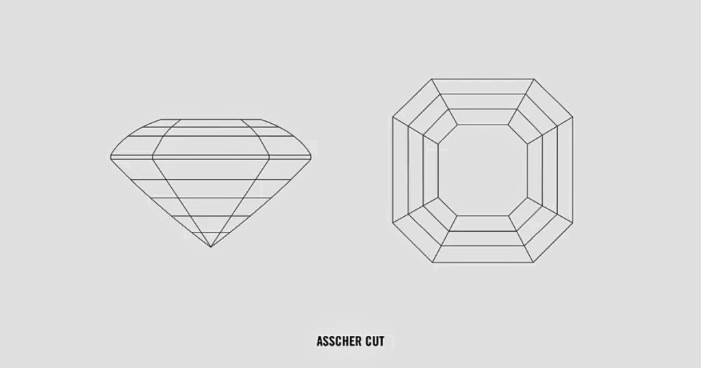 Outline diagram showing the unique structure of the Asscher cut diamond, featuring step-like facets and a square shape with cropped corners.