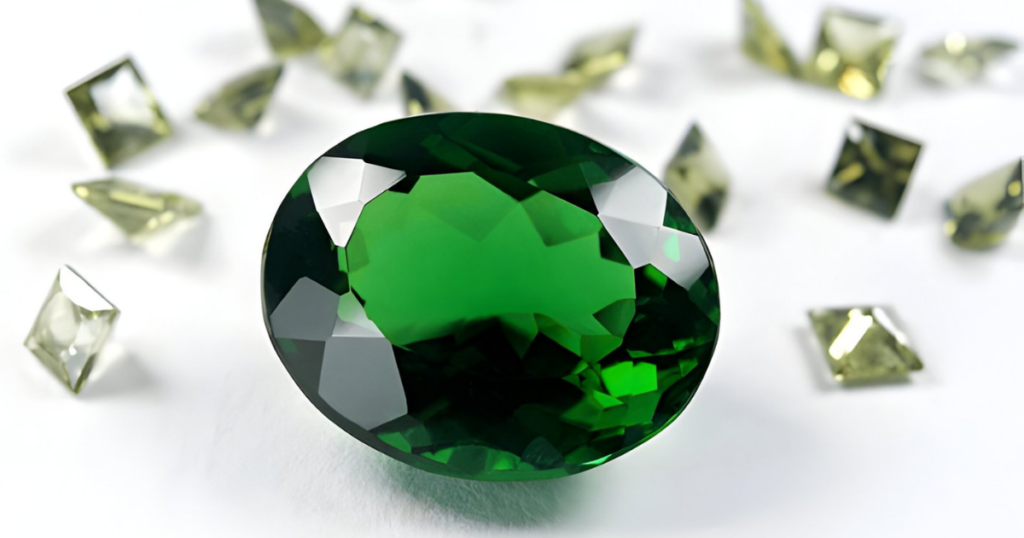 A large, oval-shaped green gemstone surrounded by smaller, square-shaped green gemstones on a white background.