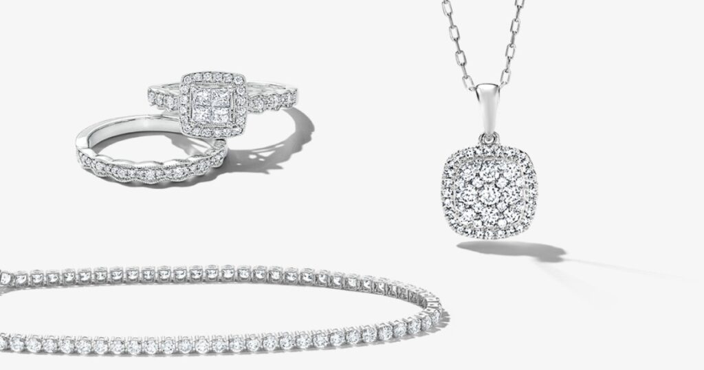 A stunning diamond jewelry set, featuring a cluster ring, a delicate necklace, and a tennis bracelet, all crafted in elegant white gold.