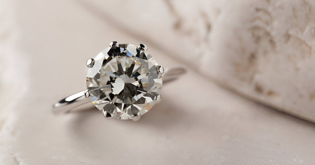 A classic solitaire diamond engagement ring with a round brilliant cut stone, set in a platinum band.