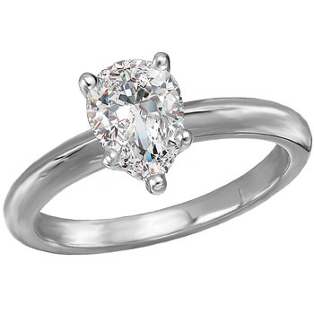 A pear-shaped diamond solitaire engagement ring with a thin band, resting on a white background.