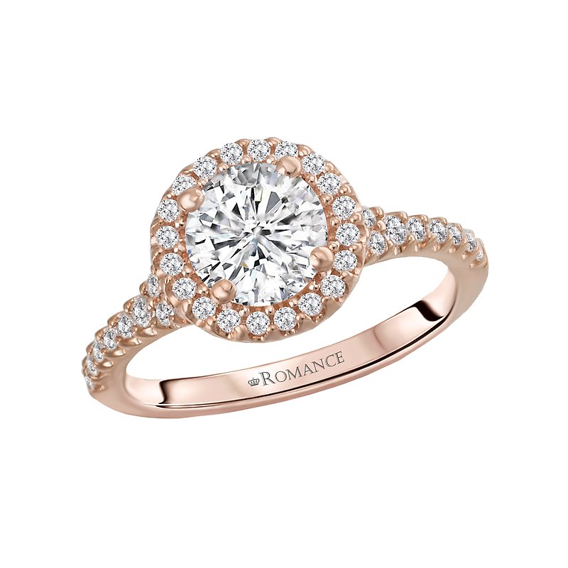 A beautiful rose gold engagement ring with a round diamond center stone surrounded by a halo of smaller diamonds.