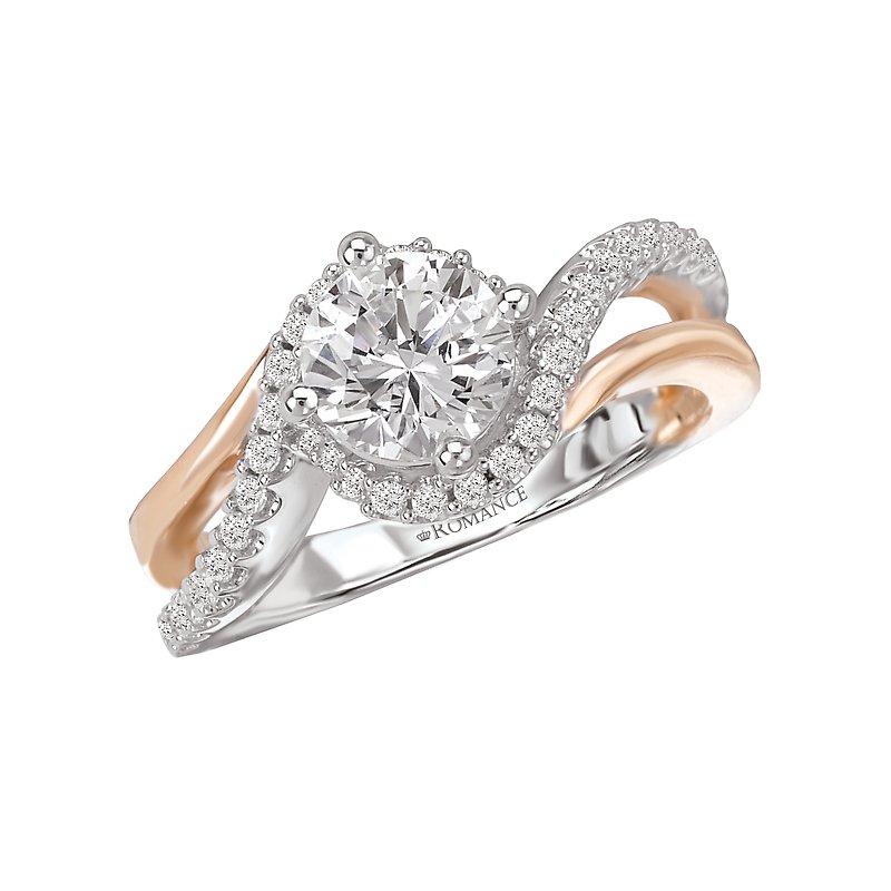 A beautiful two-tone engagement ring with a round diamond center stone and a diamond-studded band.