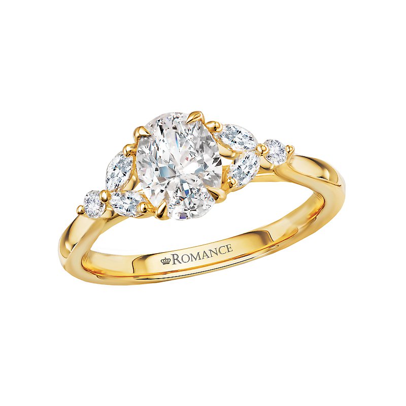 A unique and romantic engagement ring with a cluster of diamonds and a yellow gold band.