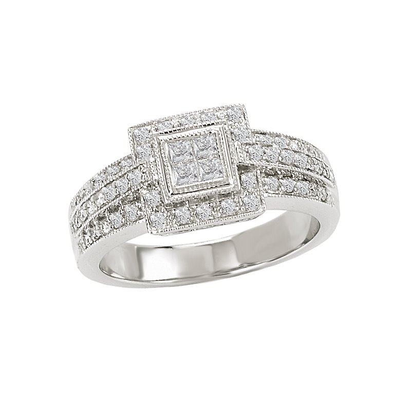 A sparkling diamond engagement ring with a princess-cut center stone and a halo of smaller diamonds.