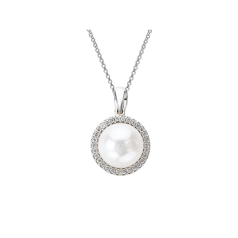 A white pearl pendant surrounded by a halo of diamonds, hanging from a silver chain.