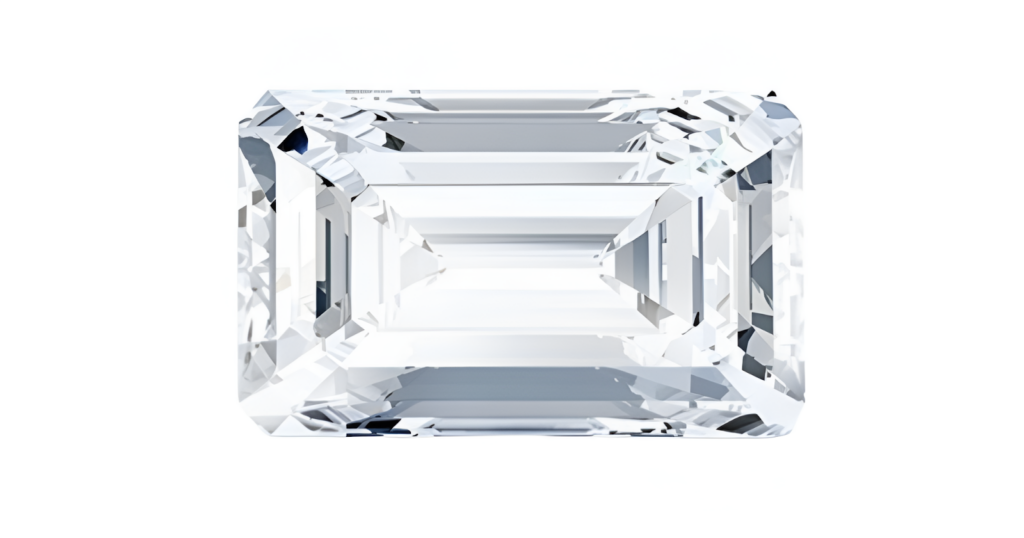 An emerald-cut diamond, showcasing its distinctive rectangular shape and stepped facets.