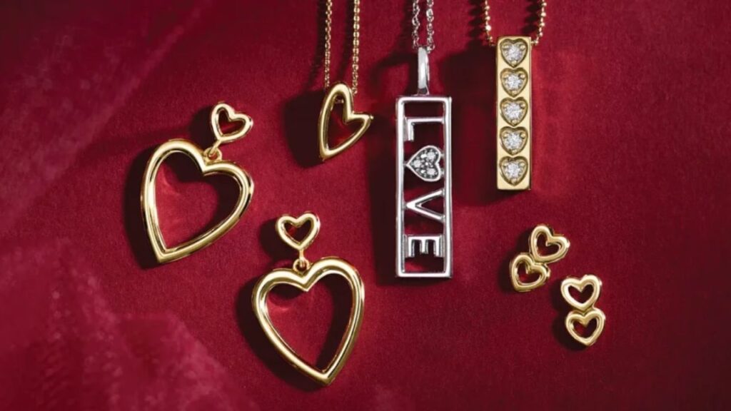 A collection of heart-shaped necklaces and earrings, perfect for Valentine's Day.