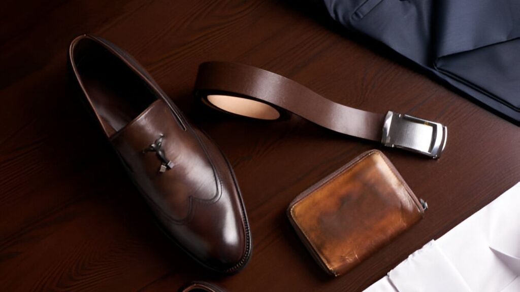 A stylish ensemble: brown leather shoes, a belt, a wallet, and a crisp white shirt, ready for a sophisticated look.