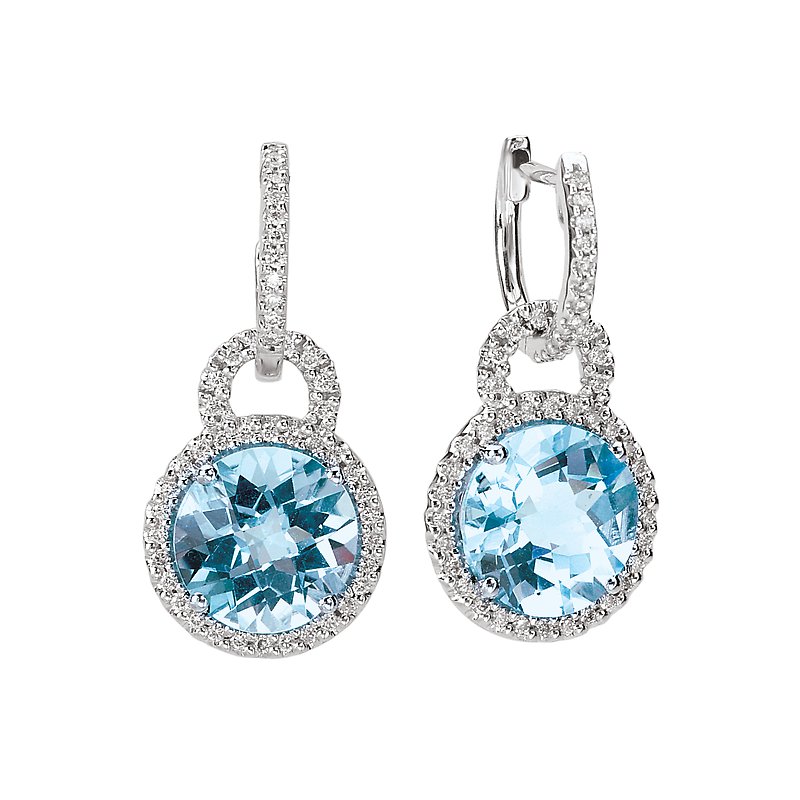 A pair of stunning drop earrings featuring large blue topaz gemstones surrounded by sparkling diamonds.