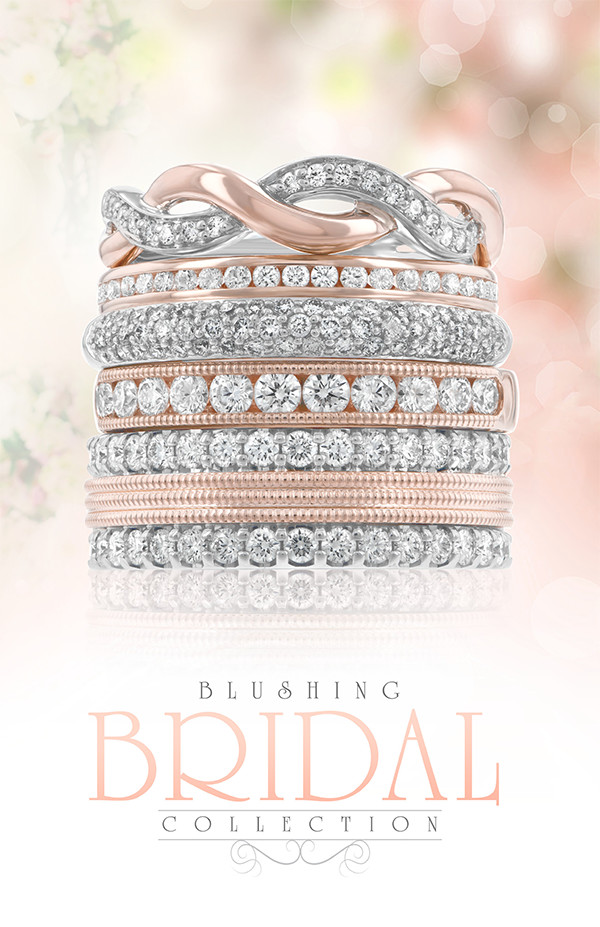 A dazzling stack of diamond wedding bands and eternity rings from the Blushing Bridal Collection.