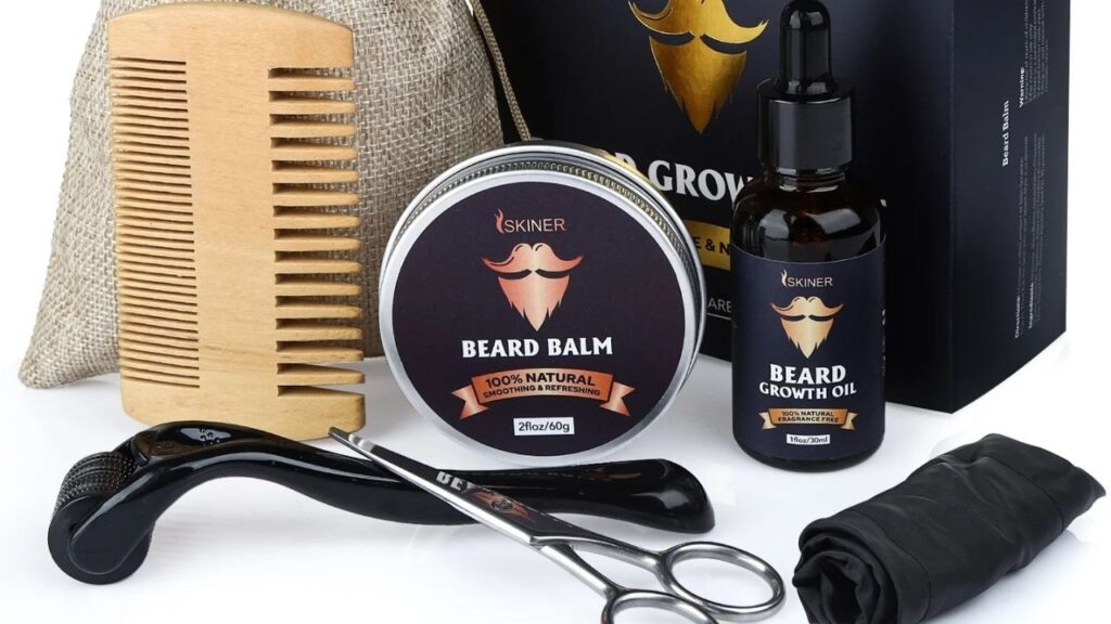 A complete beard care kit with balm, oil, comb, scissors, a derma roller, and a travel pouch.