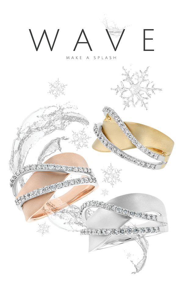 Three elegant rings in rose gold, yellow gold, and white gold, with flowing lines and sparkling diamonds.