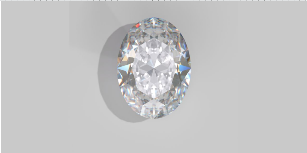 A shimmering oval-cut diamond, viewed from above, casts a sharp shadow on a light gray background.