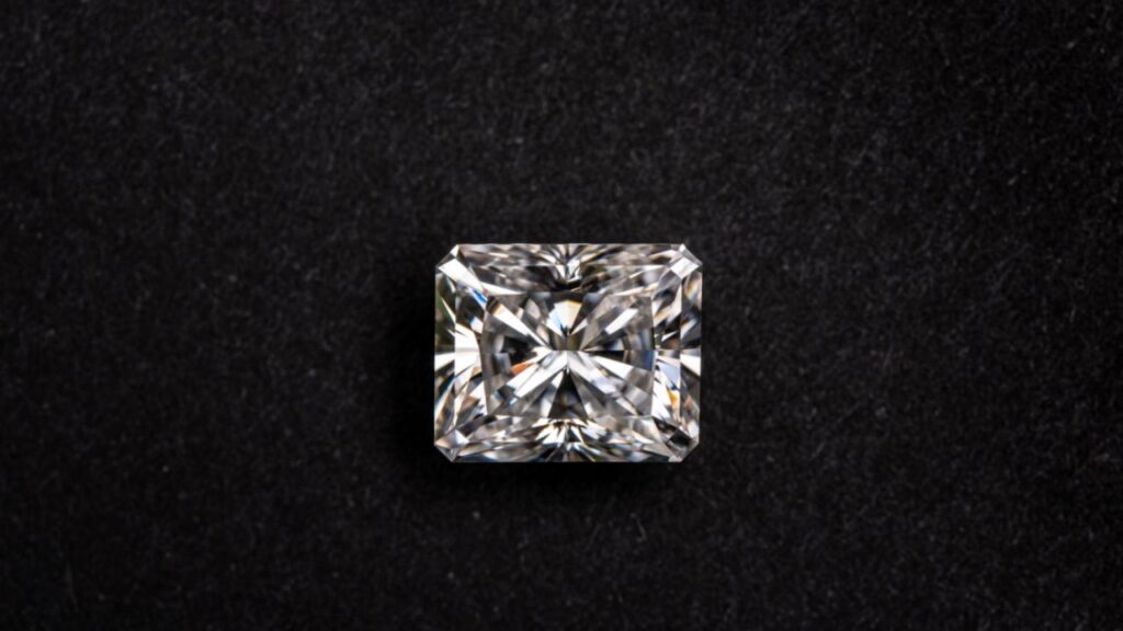 A single, square, brilliant-cut diamond sparkles against a stark black background.